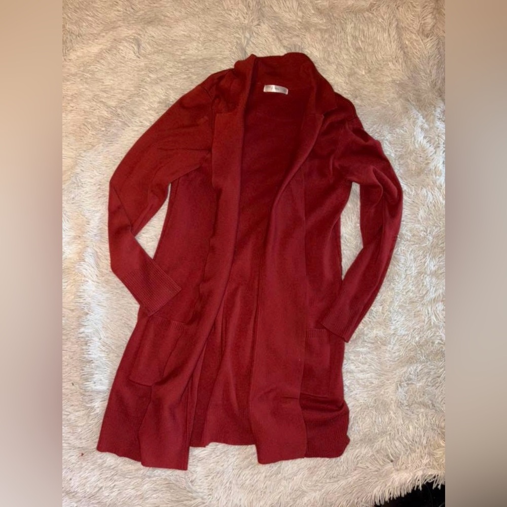 Long Open-Front Women's Cardigan Sweater in Deep Red